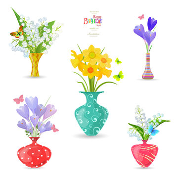 collection of vases with fine spring flowers for your design. bo