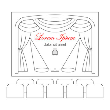 Theater stage with curtain, spotlights, microphone and seats vector line illustration. Theater or cinema logo template. Entertainment icon.