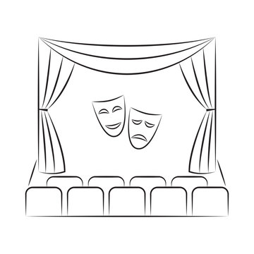 Theater stage with curtain, seats, comedy and tragedy theater masks, sketch style illustration. Theater stage vector line icon. Theater stage logo template.