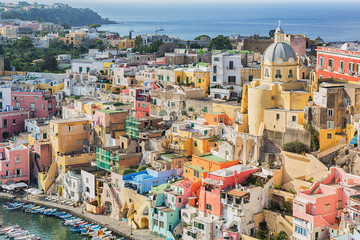 Aerial view of the pastel coloured architecture on the island Procida in Italy.