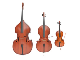 Fototapeta na wymiar Double bass, violin and cello isolated on white