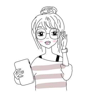 Vector illustration of smart girl in nerdy glasses, hipster look.