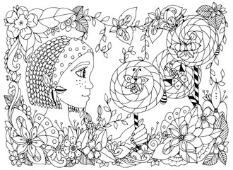 Vector illustration zentangl girl child with freckles holding a lollipop. Doodle frame flower, butterfly garden, African braids. Coloring book anti stress for adults. Black and white.