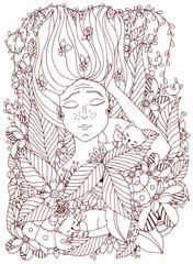 Vector illustration zentangl girl child with freckles is sleeping with cats in the flowers. Doodle drawing, bloom, forest, garden. Coloring book anti stress for adults. Brown  and white.