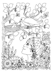 Vector illustration zentangl girl child with freckles looks at the bird nest. Doodle flowers, frame, wood. Coloring book anti stress for adults. Black white.