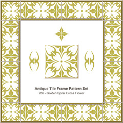 Antique tile frame pattern set_286 Golden Spiral Cross Flower
