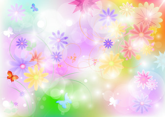 Colorful  abstract summer background with  flowers and butterflies. Vector illustration