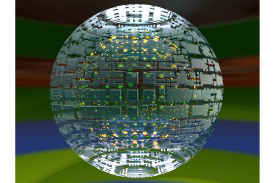 A 3d illustration of a digital sphere floating with a multi colored background