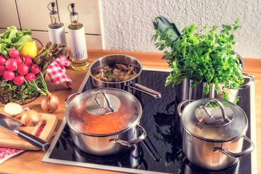 cooking pots on the stove