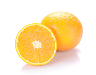 Orange cut pieces on white background.