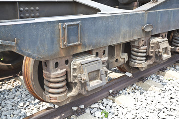 Outdoor exhibition of old trains chassis close-up