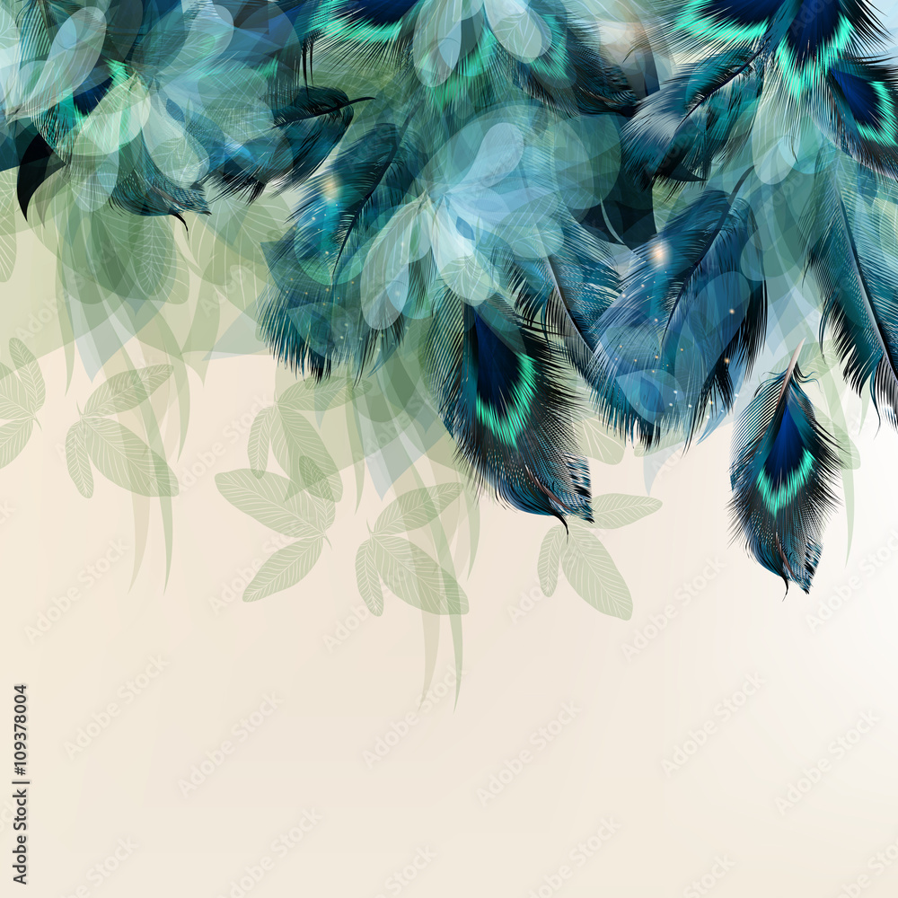 Poster background with blue realistic feathers