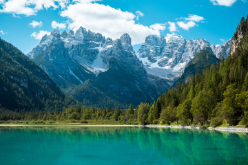 Naklejka na ściany i meble Beautiful mountain lake in Dolomites