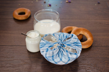 Milk, yogurt, cottage cheese and bagels - great healthy breakfast