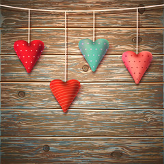 Red textile hearts. Valentine card design.