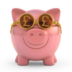 Piggy bank wearing sunglasses with pound sterling sign. Clipping path included. © ktsdesign
