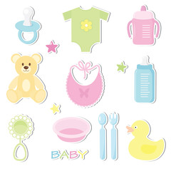 Set of cute baby toy stickers.Baby set. Design elements for baby shower card, scrapbook, invitation. Isolated on white background Vector illustration.