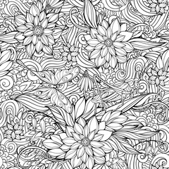 Coloring page with seamless pattern of flowers, butterflies and 