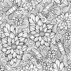  seamless pattern of flowers and bees.