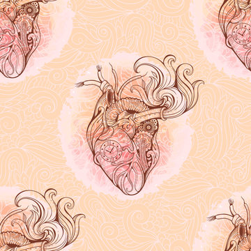 heart in steampunk style with floral background.