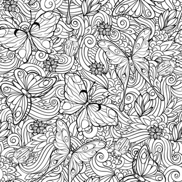  seamless pattern of flowers and butterflies.