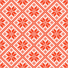 Slavic Folk Seamless Pattern. Repetitive Red and White Embroidery Texture. Vector Ethnic Ornament Background