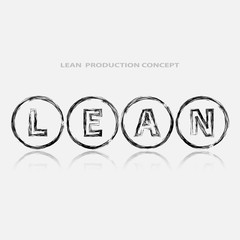 Lean strategy background. Title Lean in black abstract circles. White background. Reflection under title. Lean is modern program of productivity. Vector illustration