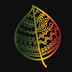 Autumn colored leaf on a black background.Doodle style.