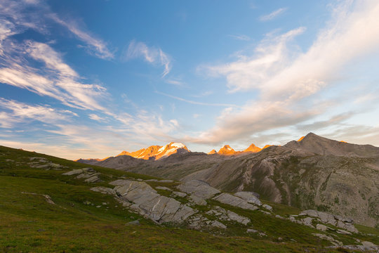 High altitude landscape, Gran Paradiso mountain range at sunset