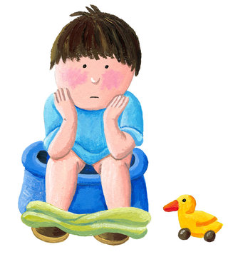 Little boy on blue potty and toy duck