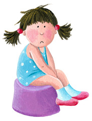 Little girl on purple potty and white background