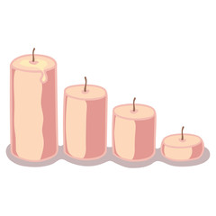 Vector hand drawn candle set of four candles. Cartoon pastel colored candles on white background. Hand drawn vector illustration of candle set.