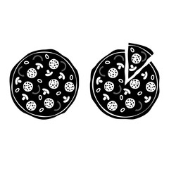 Whole pizza and pizza with separate slice icons. Vector Illustration