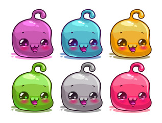 Cute cartoon colorful kawaii characters set