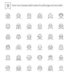 36 linear icons of people stylish avatars for profile page, soci
