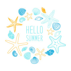 Cute vintage frame with hand drawn shells and starfishes and hand written text Hello Summer for your decoration