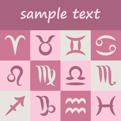 vector set of twelve simple zodiac symbols - horoscope signs on old pink background with copy space