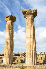 Ancient columns of Hercules Temple. Valley of the Temples. Archaeological Area of Agrigento. Sicily. Italy.