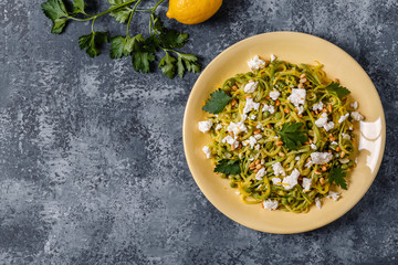 Homemade Zucchini  Zoodles Pasta with Pine nuts and Feta.