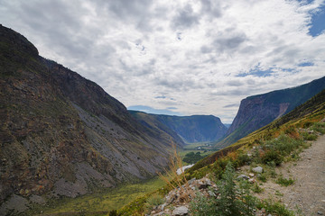 Chulyshman mountain valley from a height of Summer Rain River Falls