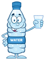 Smiling Water Plastic Bottle Cartoon Mascot Character Holding A Water Glass