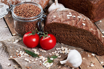 Bread and jar with buckwheat