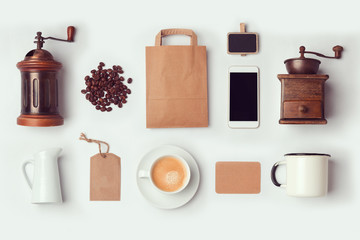 Coffee shop mock up template for branding identity design. View from above. Flat lay
