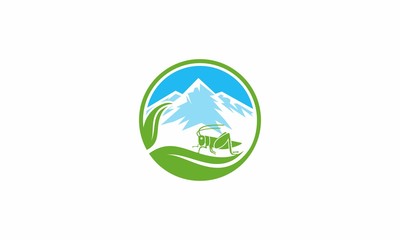 graphic illustration of a mountain landscape, leaves and animal grasshopper