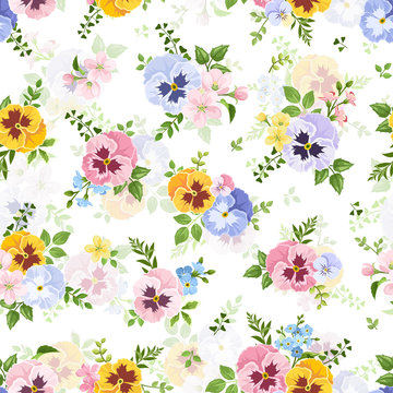 Vector seamless pattern with colorful pansy, forget-me-not and apple flowers on a white background.