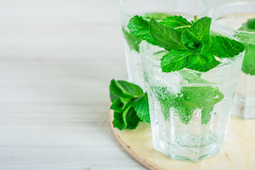 glass of cold water with fresh mint leaves and ice cubes on wood