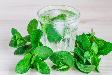 glass of cold water with fresh mint leaves and ice cubes on wood