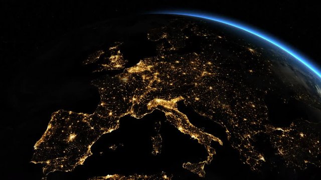 Sunrise over Europe. The European states from space. Clip contains earth, europe, sunrise, space, map, globe, satellite, planet, european, european union. Images from NASA.