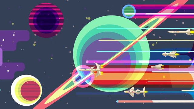Space rockets flying past large planets and stars, retro futurism, animation
