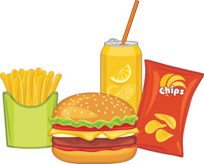 Fast food. Hamburger, orange drink, potato chips and french fries